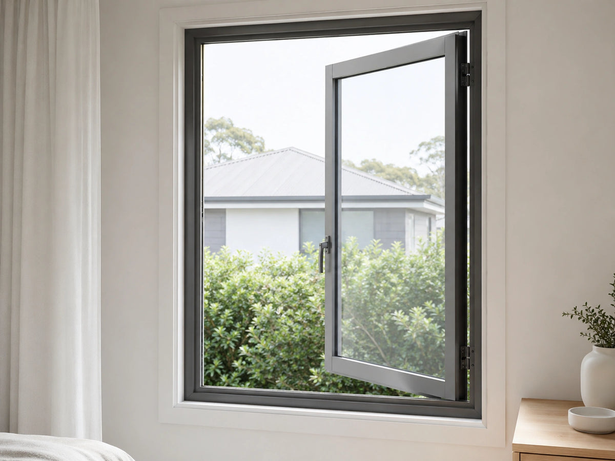 A modern gray aluminum double-hung window with one panel open, installed in a white wall of a bedroom. A light wood bedside table with a white vase and small plant is visible on the right, and a white curtain hangs on the left.