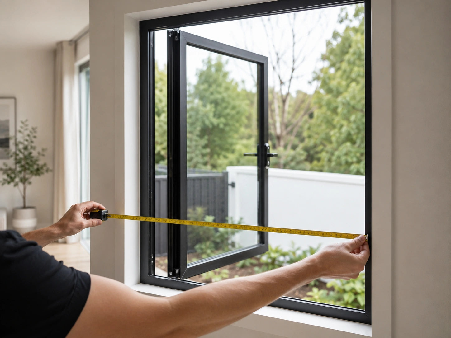 A person uses a yellow tape measure to determine the width of a black-framed window installed in a beige wall, with an outdoor green yard visible behind it.