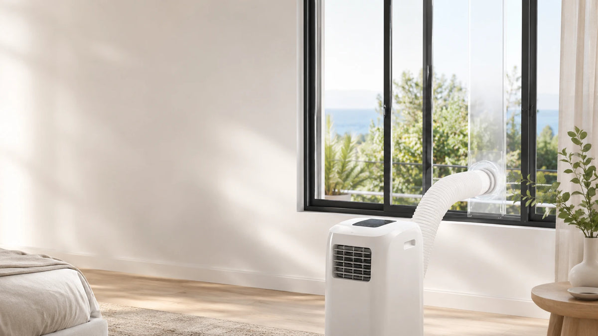 A portable white air conditioner or humidifier with a flexible white hose connected to a large window in a bright, modern room with a view of trees and the ocean.