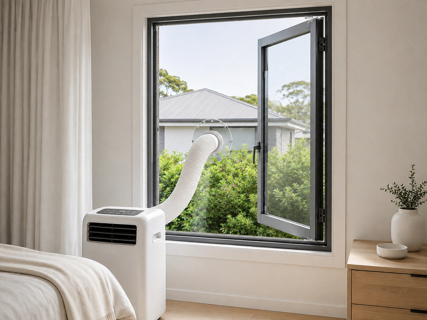 A white portable window air conditioner with a flexible white hose inserted into an open black-framed window, shown in a modern bedroom setting.