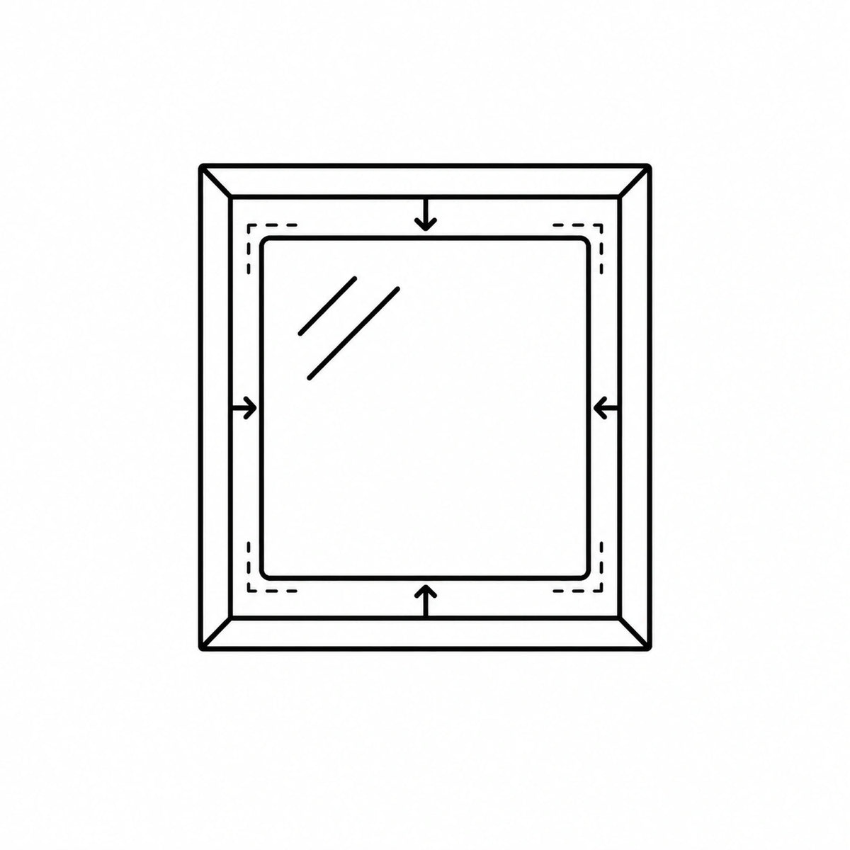 A black and white line drawing of a square wall switch with arrows indicating push-in wiring directions on the sides and a diagonal line representing a glass plate.