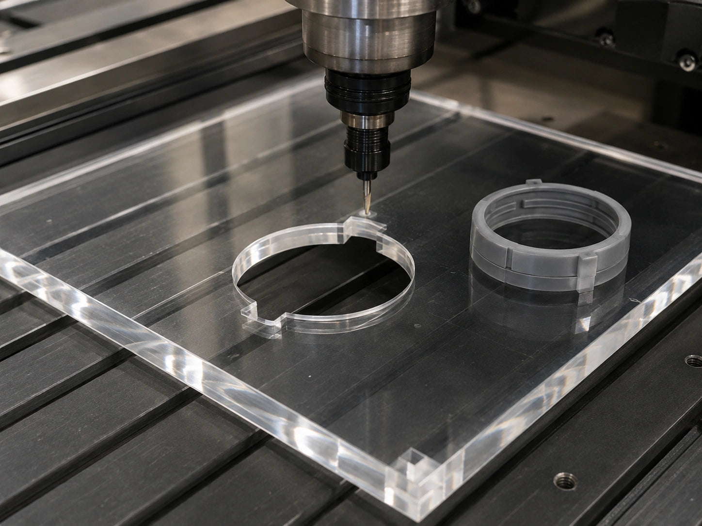 A close-up of a CNC router cutting a circular acrylic piece on a transparent acrylic workboard, with a gray ring component resting nearby on the machine table.