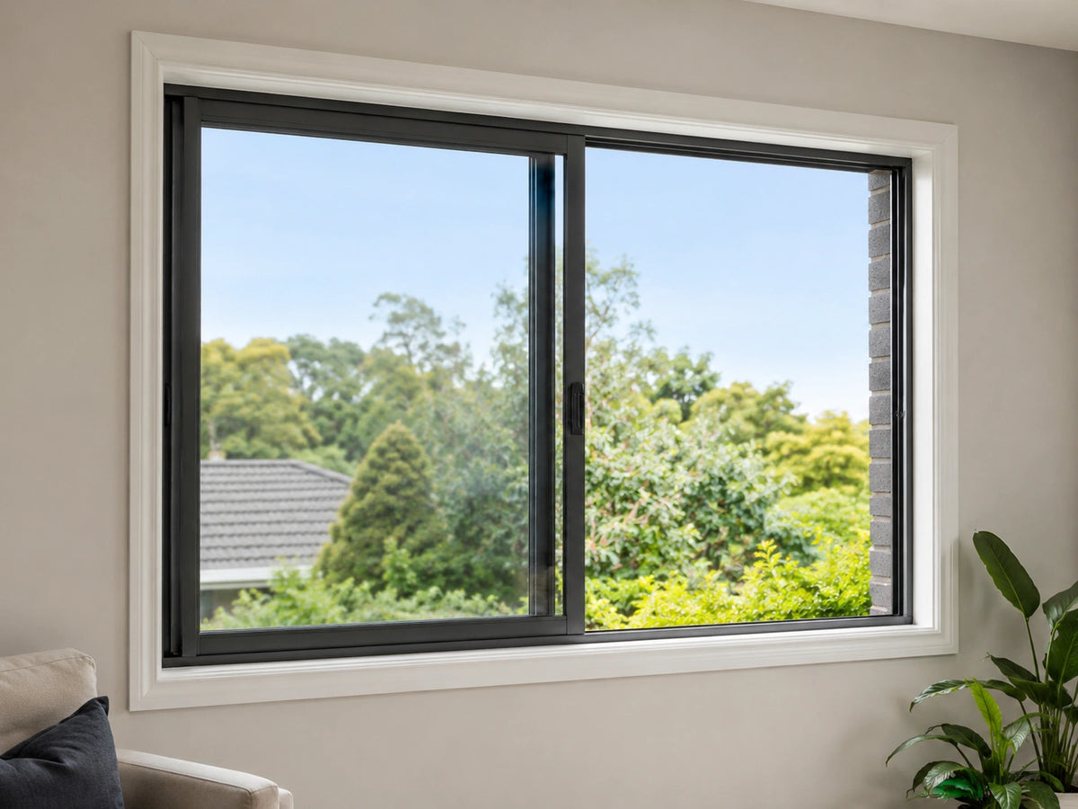 A modern black sliding window with a white frame installed on a beige wall, showing a view of green trees and a blue sky outside.