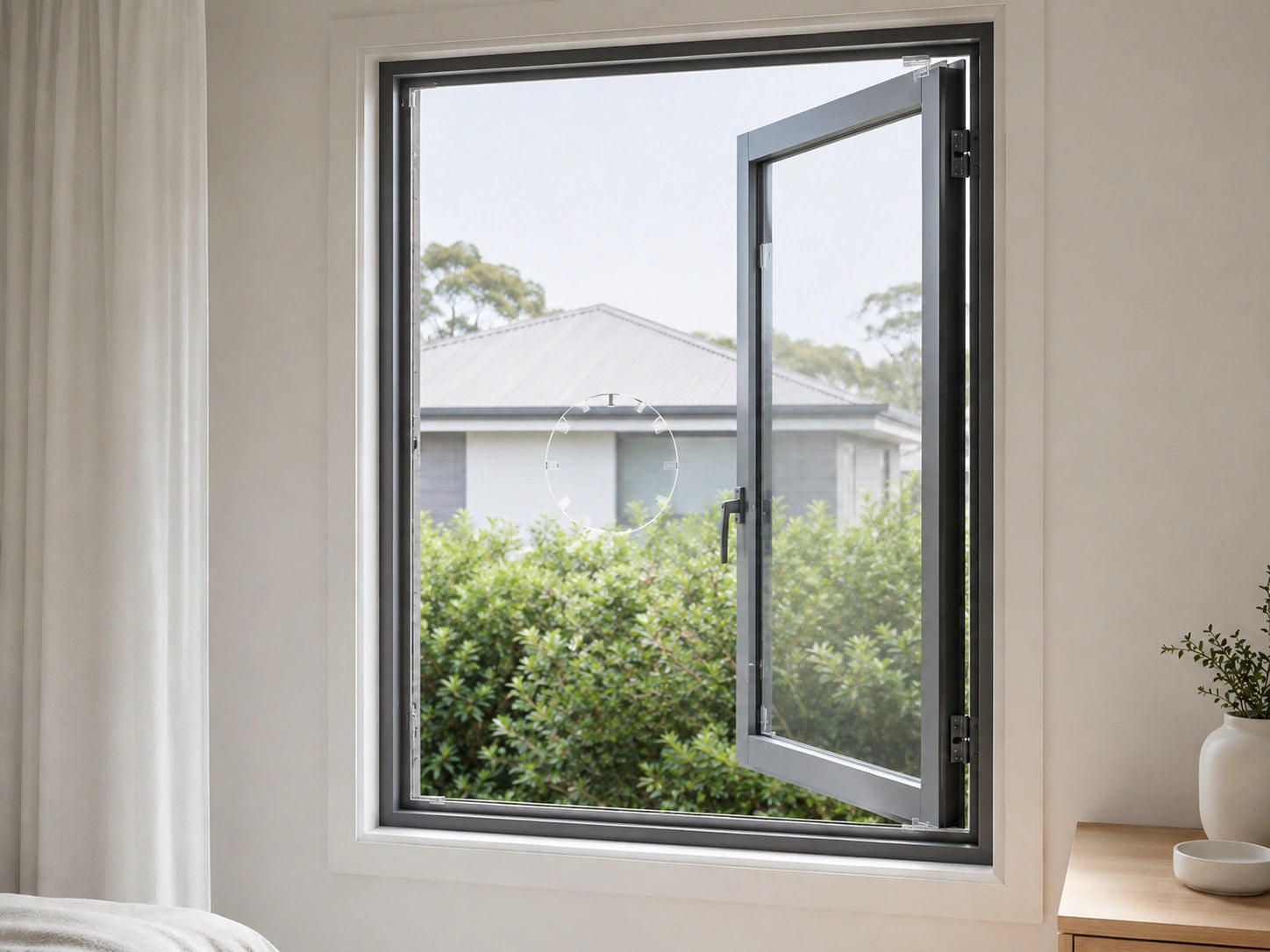 A modern black aluminum double-hung window with one panel open, installed in a white wall of a bedroom. A clear arylic panel covers the window opening.