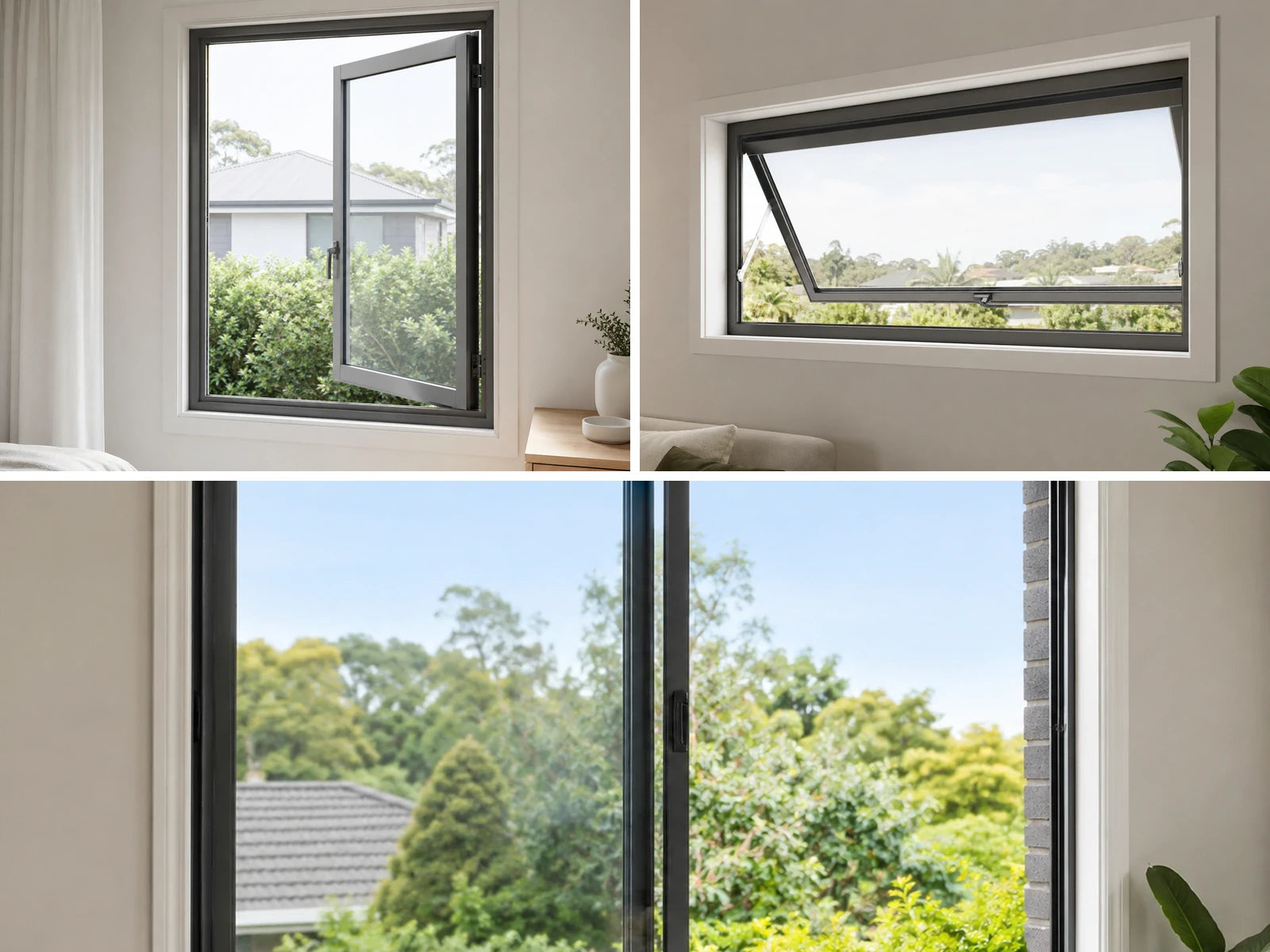 Three-panel collage showing different views of a modern black-framed window installed in a home interior. The top-left panel shows one window with the upper left pane open; the top-right shows a second window with the sash tilted upward; the bottom panel shows a larger floor-to-ceiling window with a view of trees and sky outside.